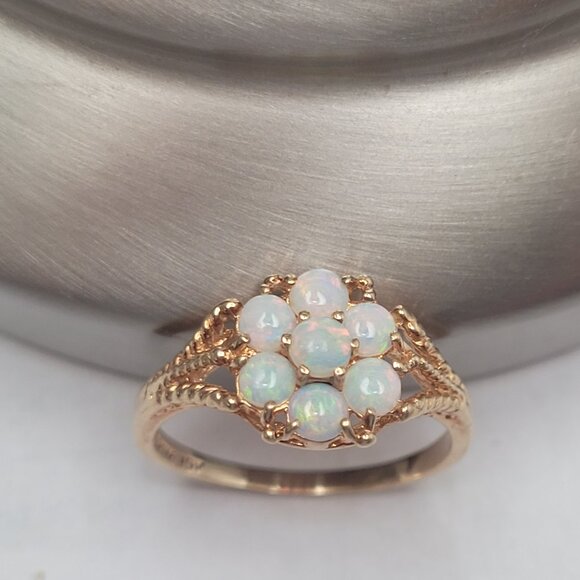 Vintage Jewelry - Opal Cluster 10k Yellow Gold Ring Flower 7 Stones Vintage 1980s